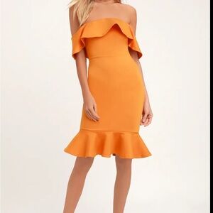 Lulu's Orange Ruffled Off-Shoulder Midi Dress